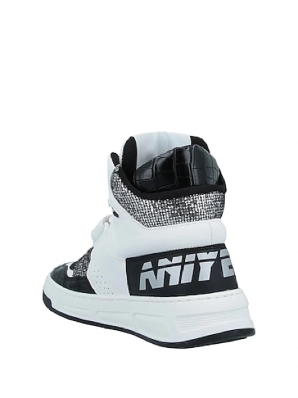 Aniyeby Baket White and Black Silver Sparkle High-Top Sneakers